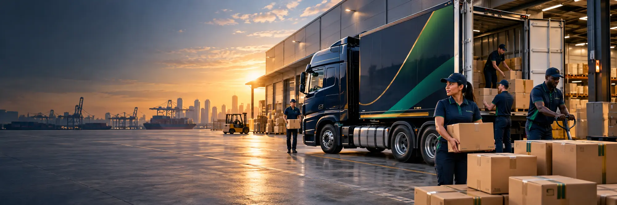 Modern logistics truck and operations staff
